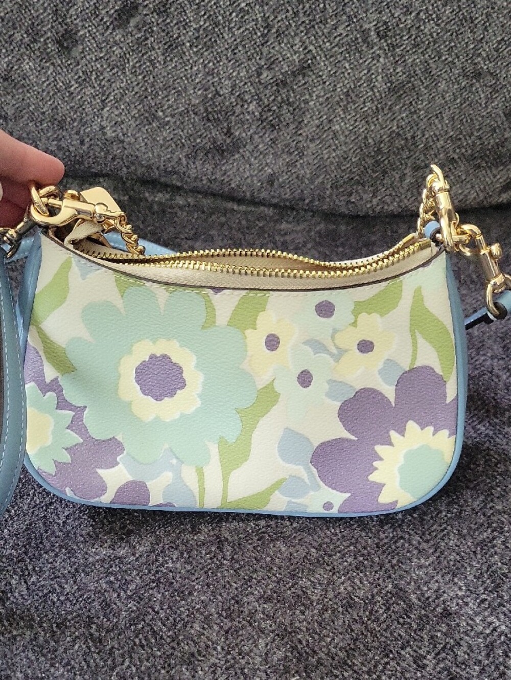 Coach Floral Mini Crossbody Bag in Lavender, Mint & Sky Blue with Gold Chain - Picture 3 of 5
